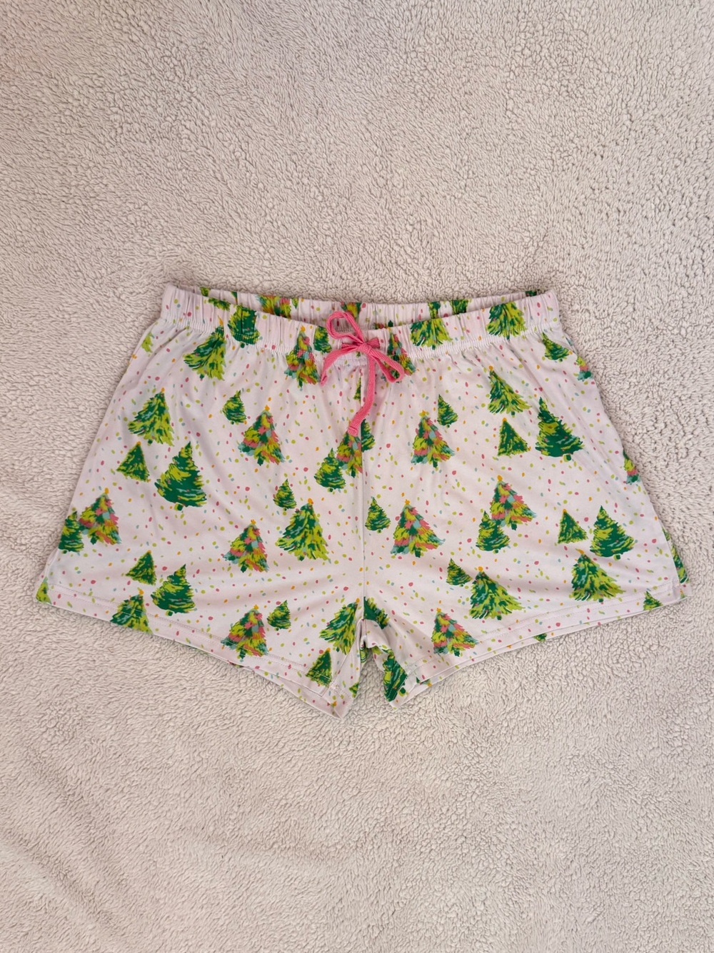 Women’s colorful confetti Holiday Tree Print Lounge Shorts, Size XS